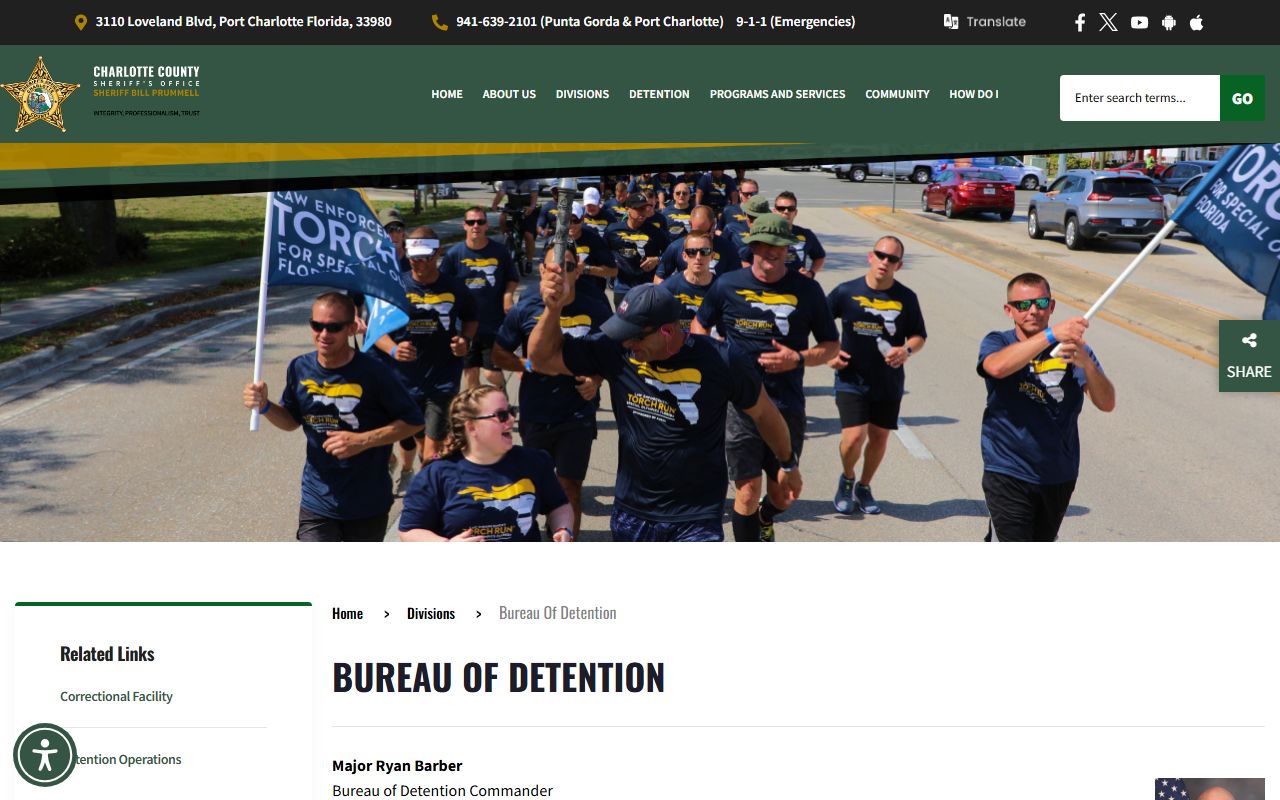 Charlotte County Jail Bureau of Detention page with command staff and address
