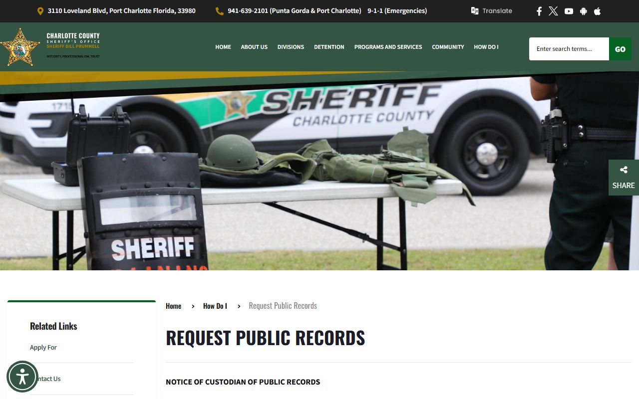 Charlotte County booking photo public-records request page for jail mugshots