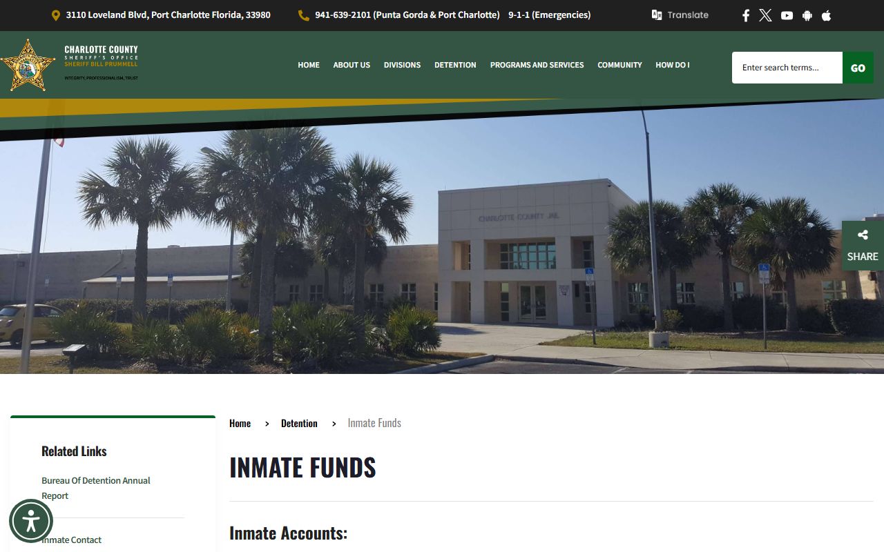 Charlotte County Jail inmate funds and TouchPay deposit rules