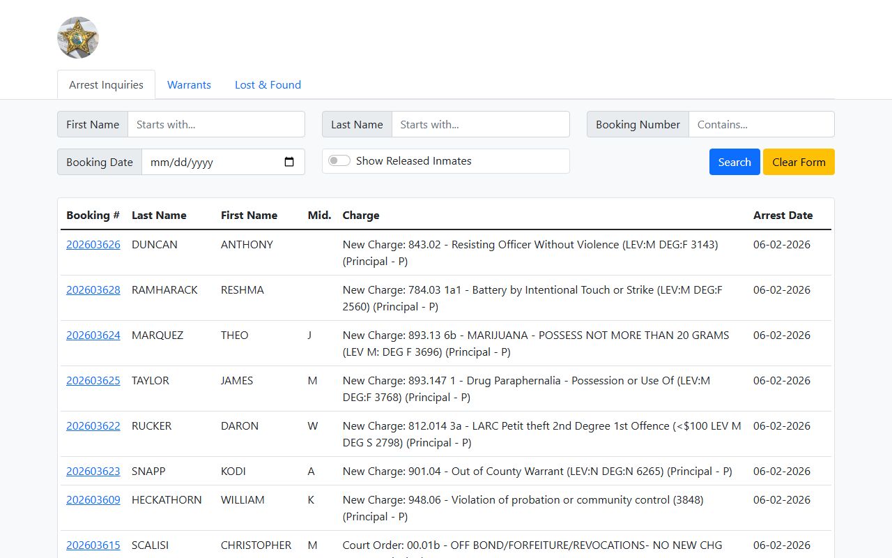 Charlotte County jail inmate records local arrest roster interface