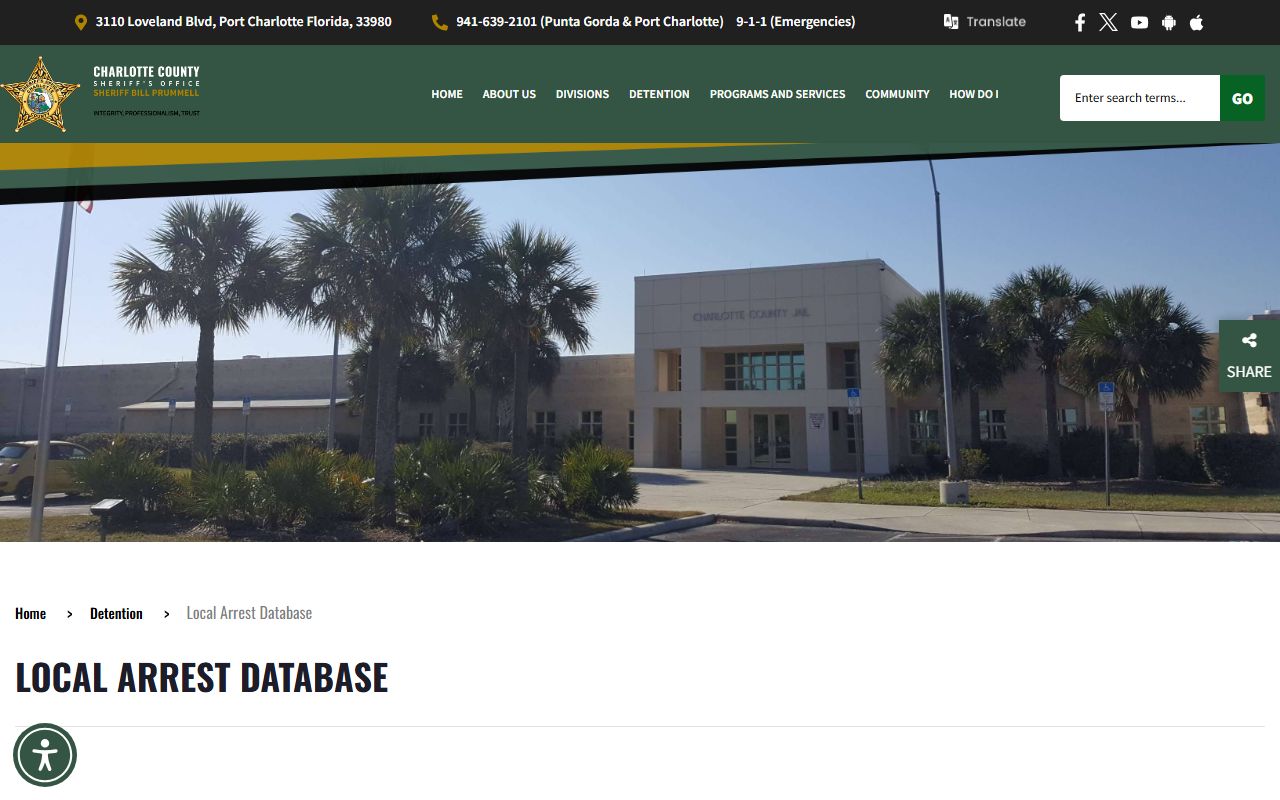 Charlotte County jail inmate population local arrest database roster page
