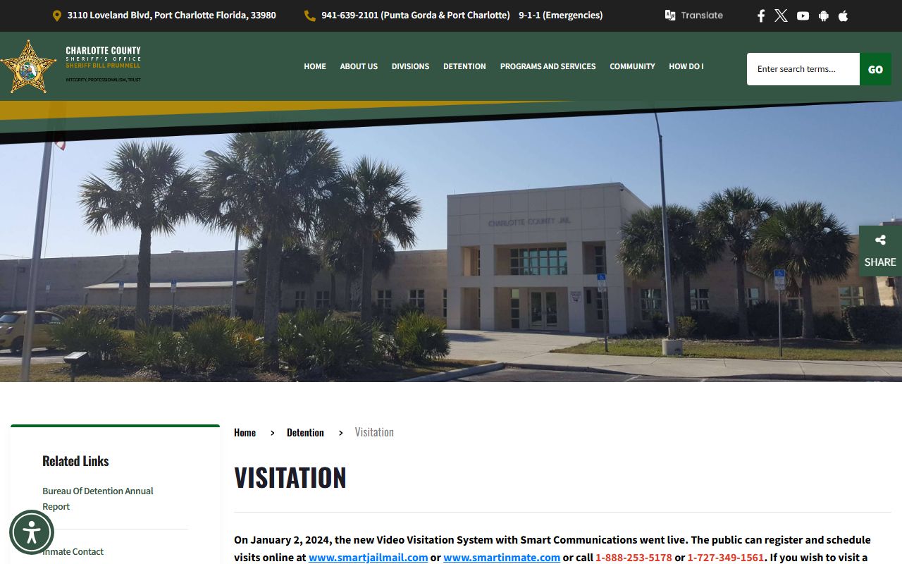 Charlotte County jail inmate visitation schedule and Smart Communications video visits